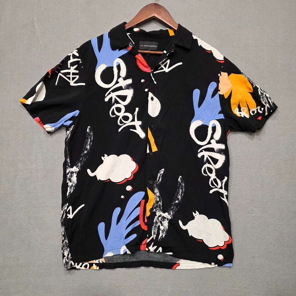 No Boundaries Mens Colorful Short Sleeve Button Up Rayon Shirt Size Medium